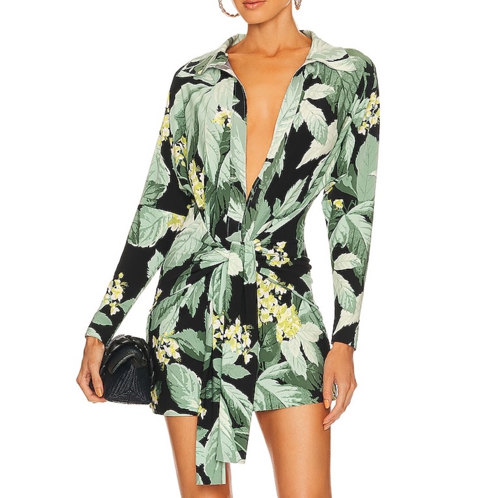 Norma Kamali Green Floral Leaf Tie Front Long Sleeve Mini Dress L/40